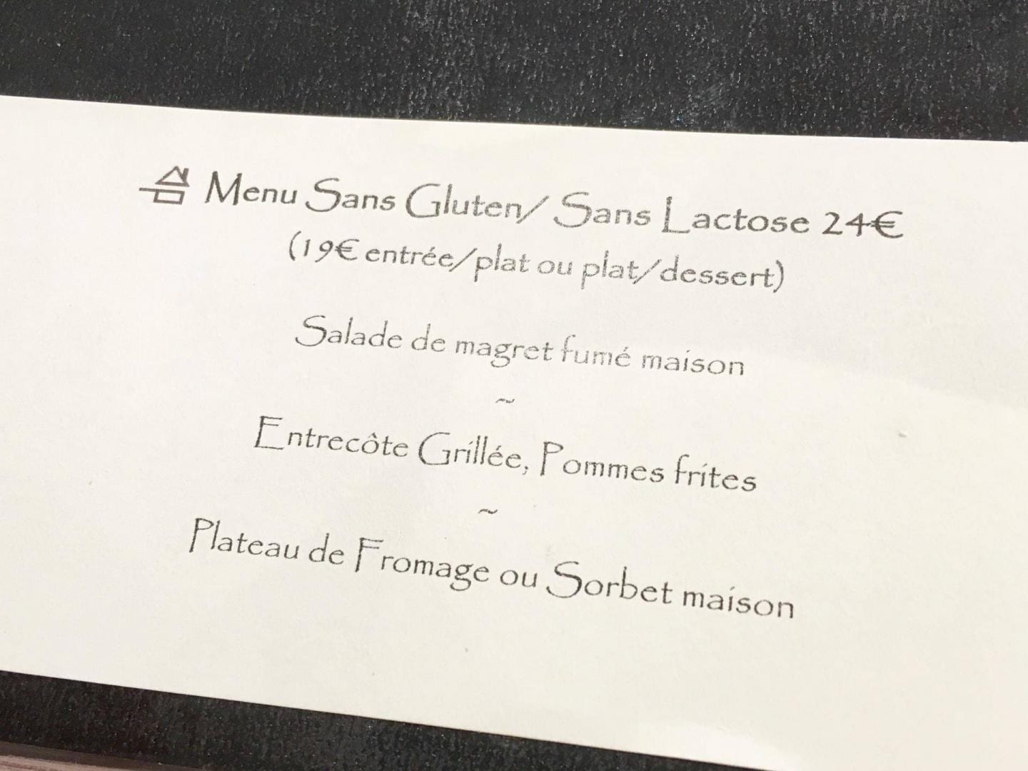 Sans gluten menu France 