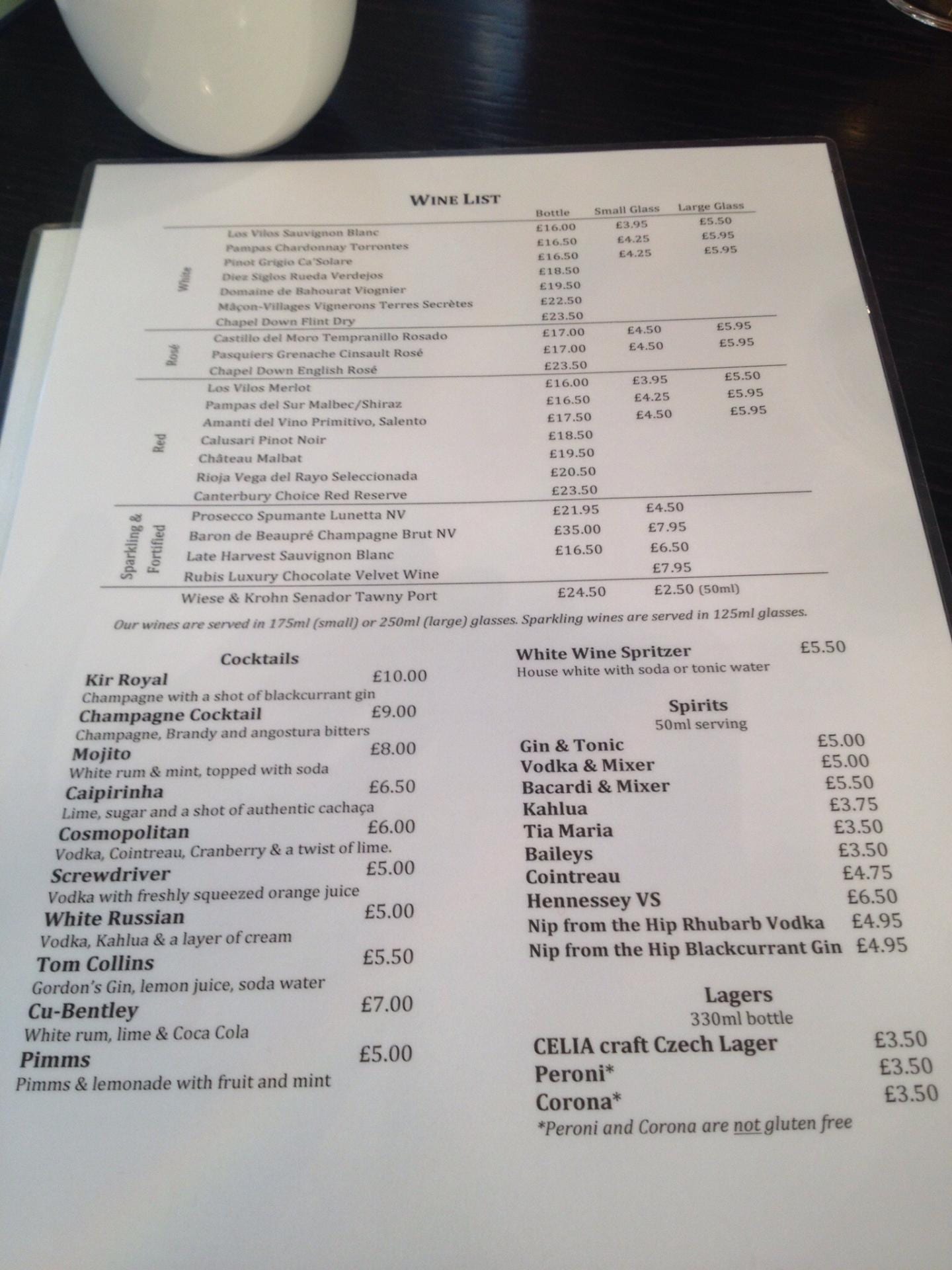 Menu Oscar and Bentleys Canterbury