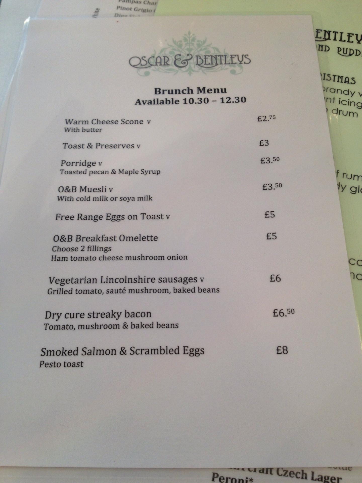 Menu Oscar and Bentleys Canterbury